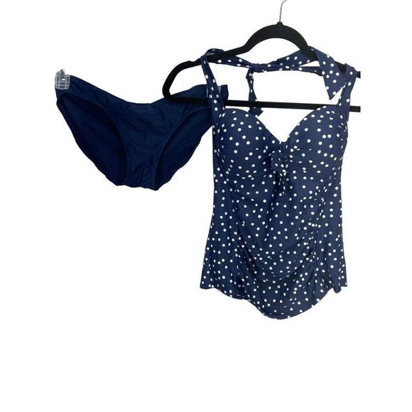 Merona Navy Blue Polka Dotted Size Medium 2 Piece Padded Tankini Swimsuit - Picture 1 of 8